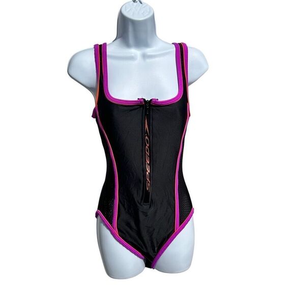 SPEEDO 1990s Neon Orange Fuchsia Mesh One Piece Zip Up T Strap Swimsuit Bathing - Picture 1 of 8
